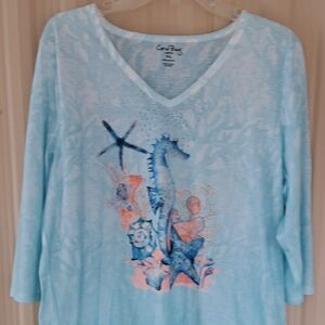 NWOT.  Coral Bay Light Blue Ocean Scene 3/4 Sleeve Top